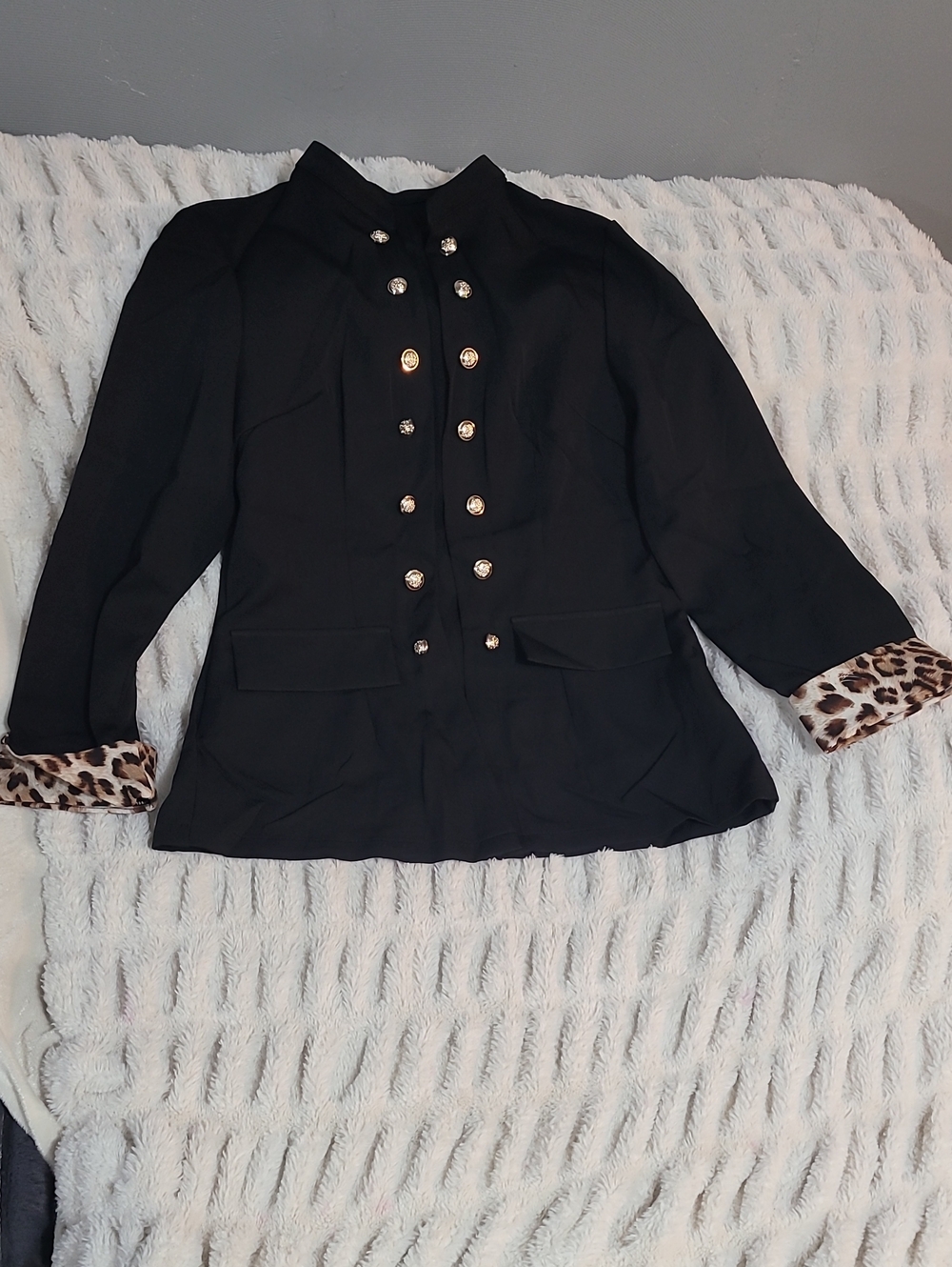 Source Unknown Black Military-Style Jacket with Leopard Cuffs